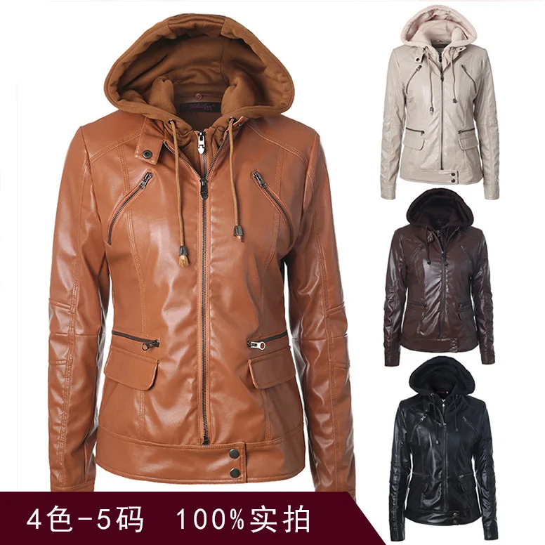 

Europe And America Amazon Women's Drawstring Deconstructable Hat Zipper Pocket PU Leather Motorcycle Jacket Women's Currently Av