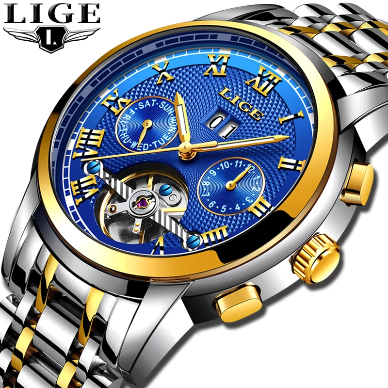 

2020 LIGE Automatic Watch Men Skeleton Tourbillon Mechanical Watch Sport Waterproof Automatic Watch Clock Man Relogio Masculino