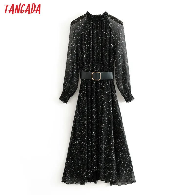 

Tangada women green dots chic chiffon dress with belt ruffles o neck Long Sleeve Ladies strethy waist midi Dress Vestidos JE202