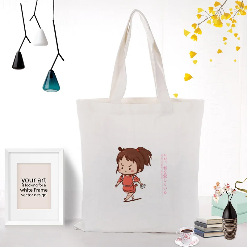 Иллюстрация девушка вместительная сумка для покупок сумка на заказ Печать текстовый логотип DIY ежедневное использование холст эко экологическая многоразовая утилизация сумочка
