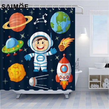 

SAIMOE Cartoon Alien Shower Curtains Spaceship Bathroom Shower Curtain Decoration Children Explore The Universe Bathroom Curtain