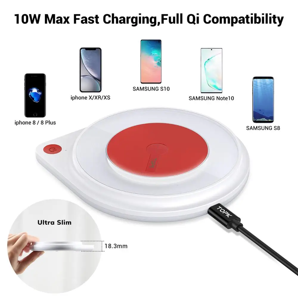  TOPK 10W Schnelle Drahtlose Ladegerät für iPhone 11 XR X Max Pro 8 Plus Nacht Lampe Lade Pad für sa
