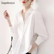 

2022 Spring Summer Women White Blouse Long-sleeved Slim Cotton Casual Work Black Shirts Office Lady Button Tops