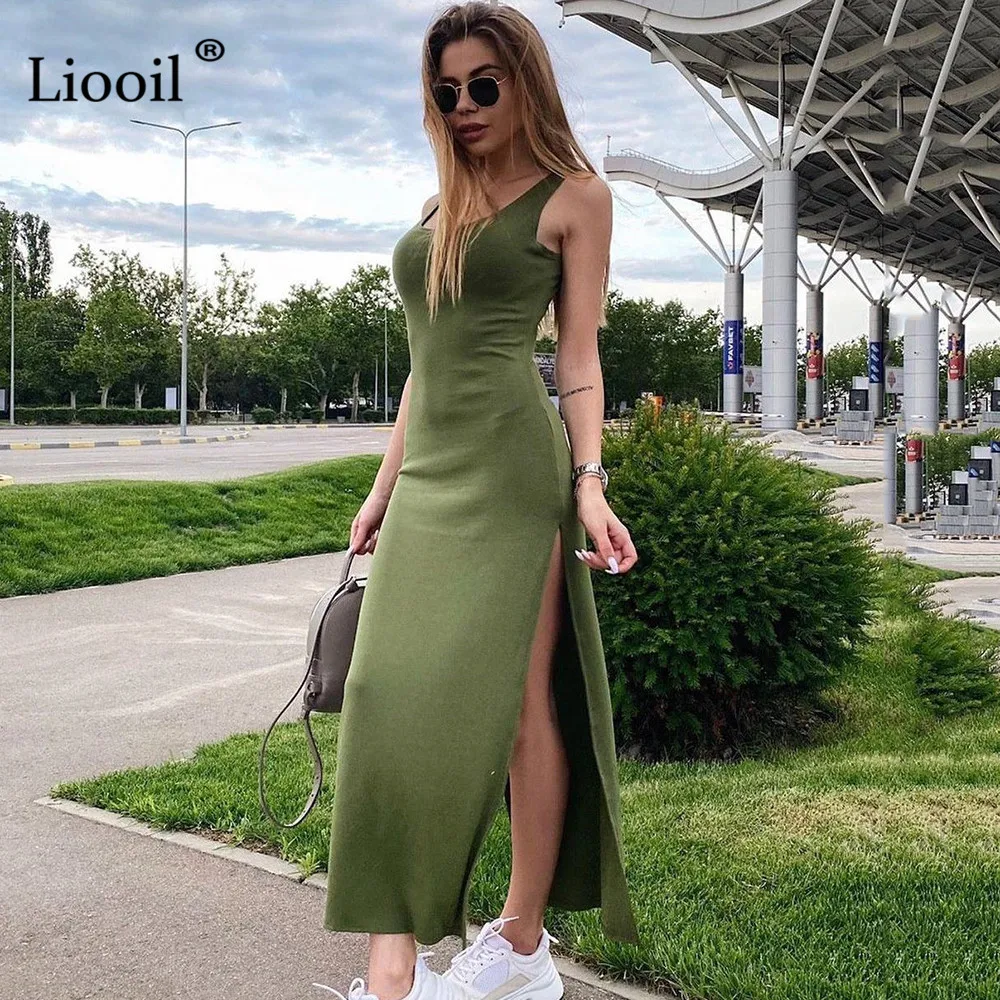 Liooil-vestido Midi ajustado informal de verano sin mangas, minivestido Sexy ajustado con aberturas laterales para mujer, cuello cuadrado, color verde militar y gris