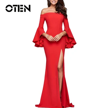 

OTEN 2019 Autumn Ruffle Sleeves Slash Neck Women Dress Split Sexy Pencil Vestido Solid Color Off Shoulder Long Robe Female Party
