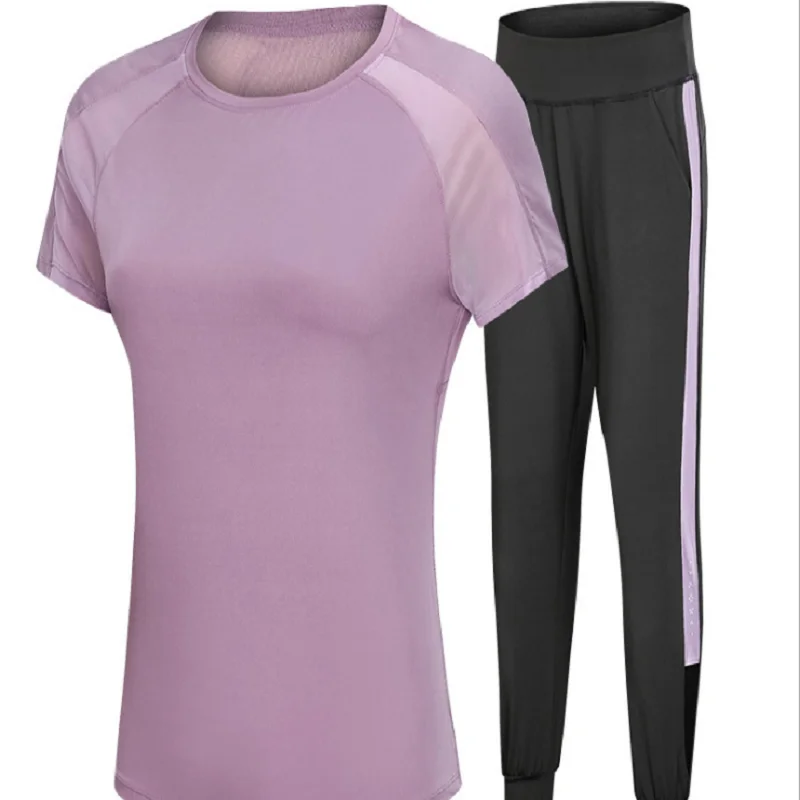 Purple-1-2pieces set Damdos женская спортивная одежда Йога набор фитнес одежда для спортзала и бега теннисная рубашка+ брюки для йоги, леггинсы для пробежки тренировки спортивный костюм - Цвет: Purple-1-2pieces set
