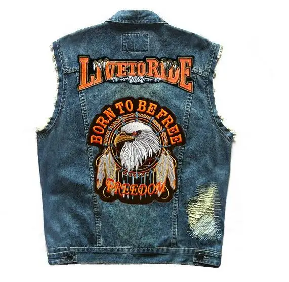 

Eagle Men's FREEDOM Patches Moto Biker Vests LIVE TO RIDE Embroidered Distressed Rivet Denim Vest Motorcycle Sleeveless Jacket