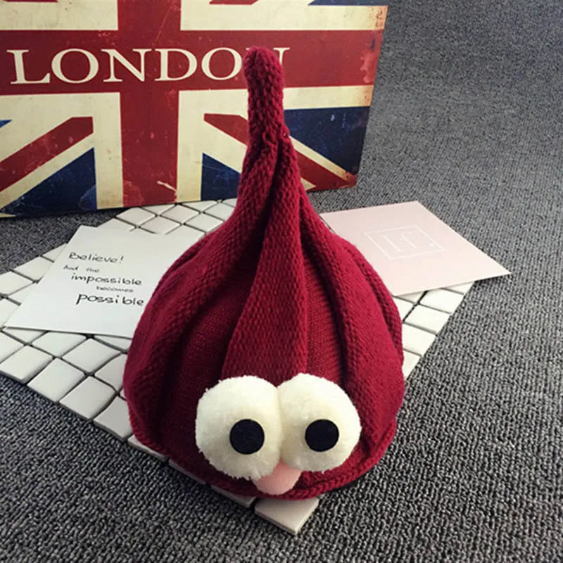 pompom red Милая детская зимняя шапка, Теплый чепчик для девочки с большими глазами, вязанная детская шапка, шапочка, детские шапки для новорожденных, шапка для мальчиков и девочек - Цвет: pompom red