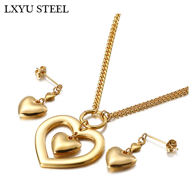 

Stainless Steel Jewelry Sets For Women Double Heart Pendant Necklacae Stud Earrings Fashion Jewelry Gift Collares Mujer