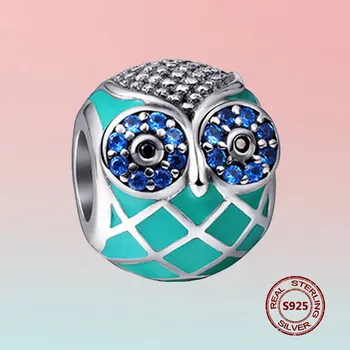 

100% 925 Sterling Silver Owl Animal Original Bead Blue Zircon Charm DIY Bracelet Necklace Pendant For Women Jewelry Making