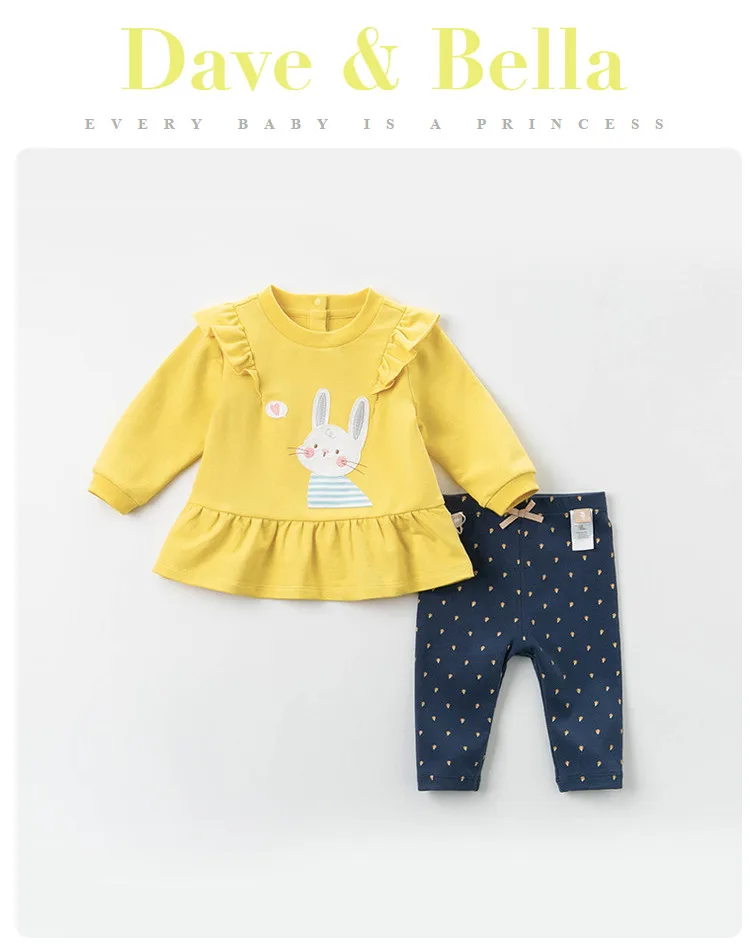 Moda dos Desenhos Conjuntos de Roupas Dave Bella Primavera Bebê Meninas Animados Ruched Arco Crianças Bonito Manga Longa Conjuntos 2 Pcs Terno Dbm12841 2 Conjuntos de roupas