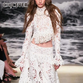 

CHICEVER Casual Hollow Out Patchwork Tassel Women's Blouses Turtleneck Flare Long Sleeve Shirts Female 2020 Fashion New Clothing