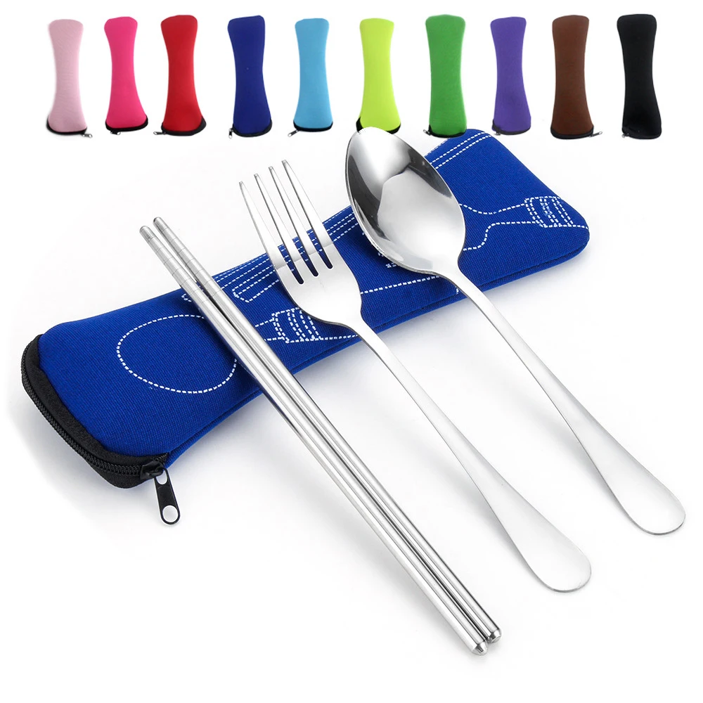 

3pcs/Set Dinnerware Portable Printed Stainless Steel Spoon Fork Steak Knife Set Travel Cutlery Tableware With Bag For Outdoors