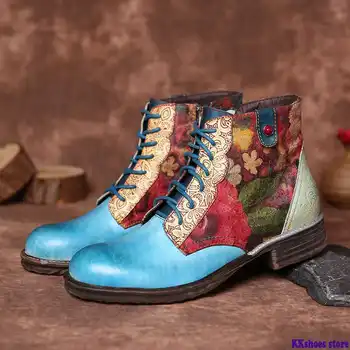 

Botas Mujer Watercolor Flowe Boots Genuine Leather Splicing Zipper Lace Up Flat Short Boots Ladies Shoes Women Winter