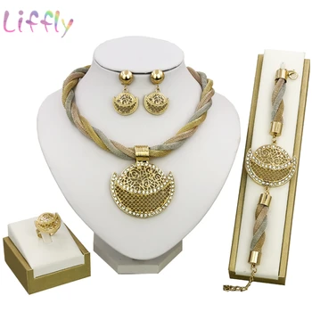 

Liffly Nigeria Jewelry Sets for Women Dubai Gold Jewelry Sets Crystal Necklace Earrings Ring Bracelet Fashion Party Jewelry