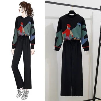 

Women Knitted Trousers Suits 2019 Fashion Autumn Winter Cartoon Print Girl Loose Sweater Tracksuit + Casual Pants Set