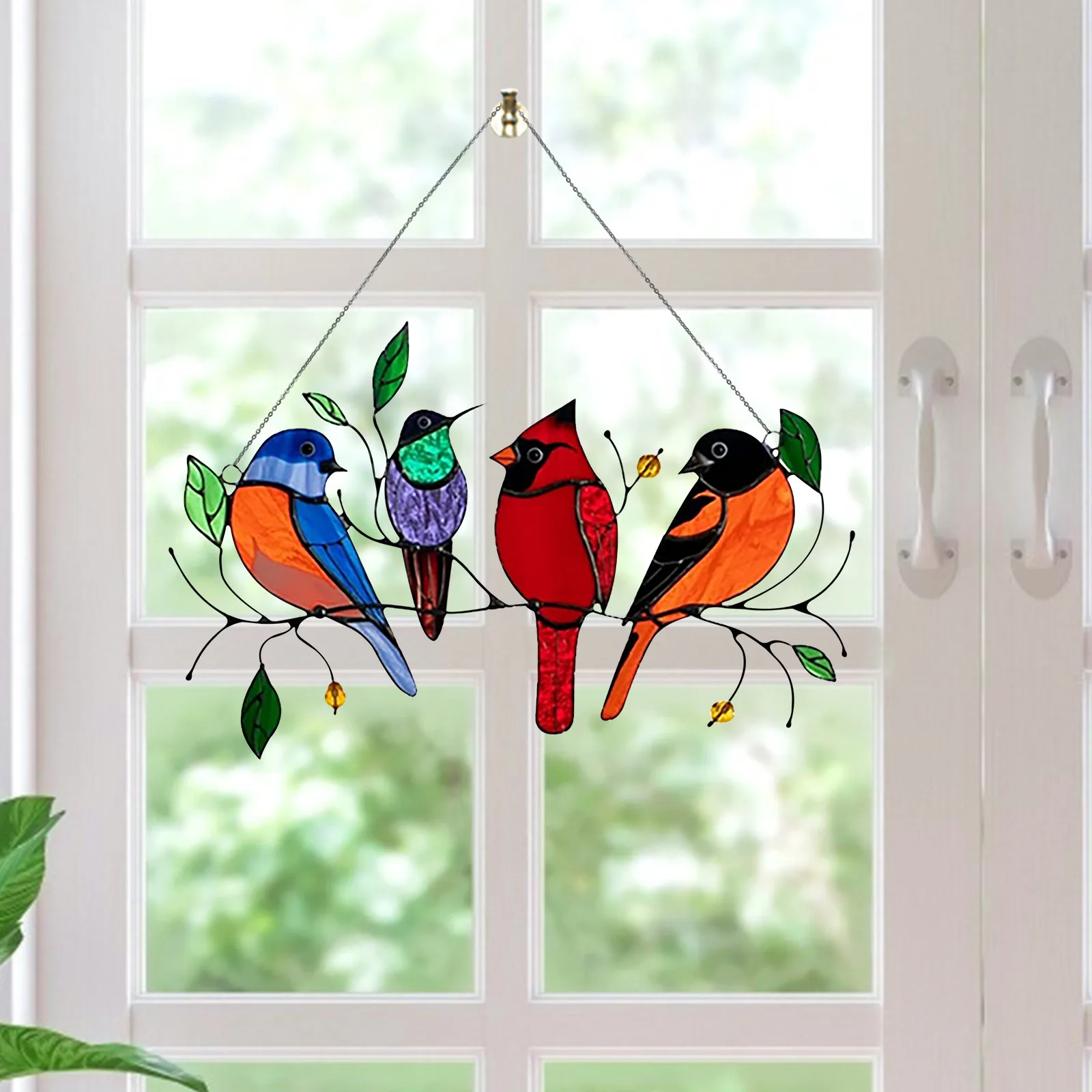 Multicolor Stained Glass Birds-On-A-Wire Window Panel Suncatcher decor D8K5 
