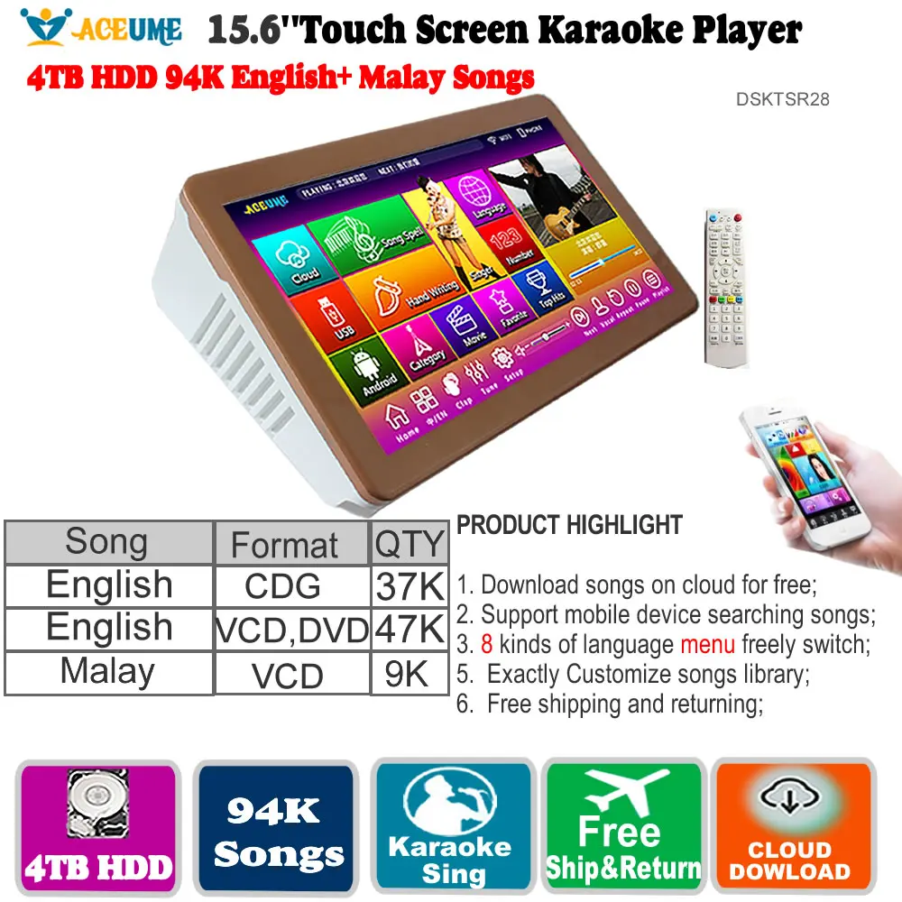 

4TB HDD 94K Malay,Indonesia,English Songs, Touch Screen Karaoke Player,15'' Cloud download,Multi-Language Menu,Home KTV Sings