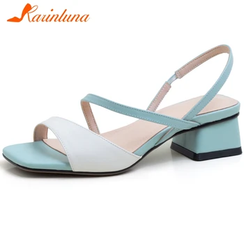 

Karinluna Fashion New Hot Genuine Cow Leather Chunky Heels Casual Shoes Woman Sandals Female Peep Toe Mix Color Summer Sandals