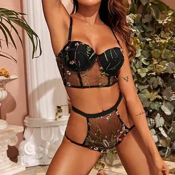 

Harness Appliques Underwire Women Lingerie Corset Lace Underwire Racy Muslin Sleepwear Underwear Tops+Briefs Bra Set