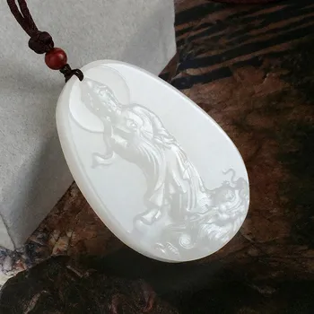 

LETSFUN Fine Jewelry Clin-kk Superb Sculpture White Jade Dragon Kwan-Yin Guan Yin Bodhisattva Buddha Necklace Pendant