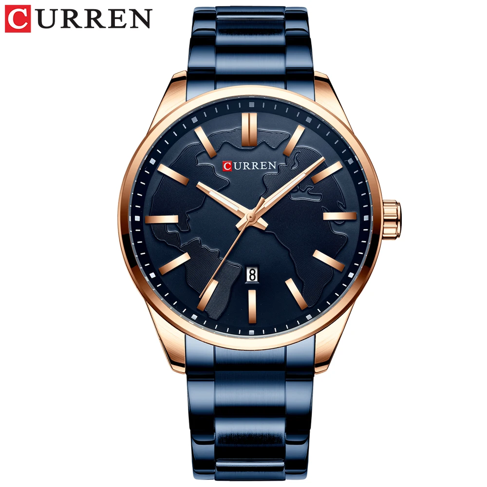 Top Fashion Brand CURREN New Quartz Watches for Men Unique Dial Business Stainless Steel Band Gentlemen's Wristwatch Clock Male - Color: rose blue