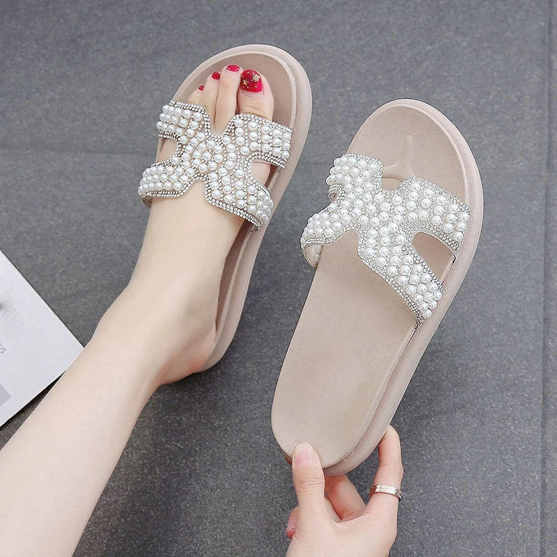 

Women Summer Rhinestone Shoes Flats Slippers Open Toe Beach Sandals for Ladies casual beach flat sandals Platform sandals shoe