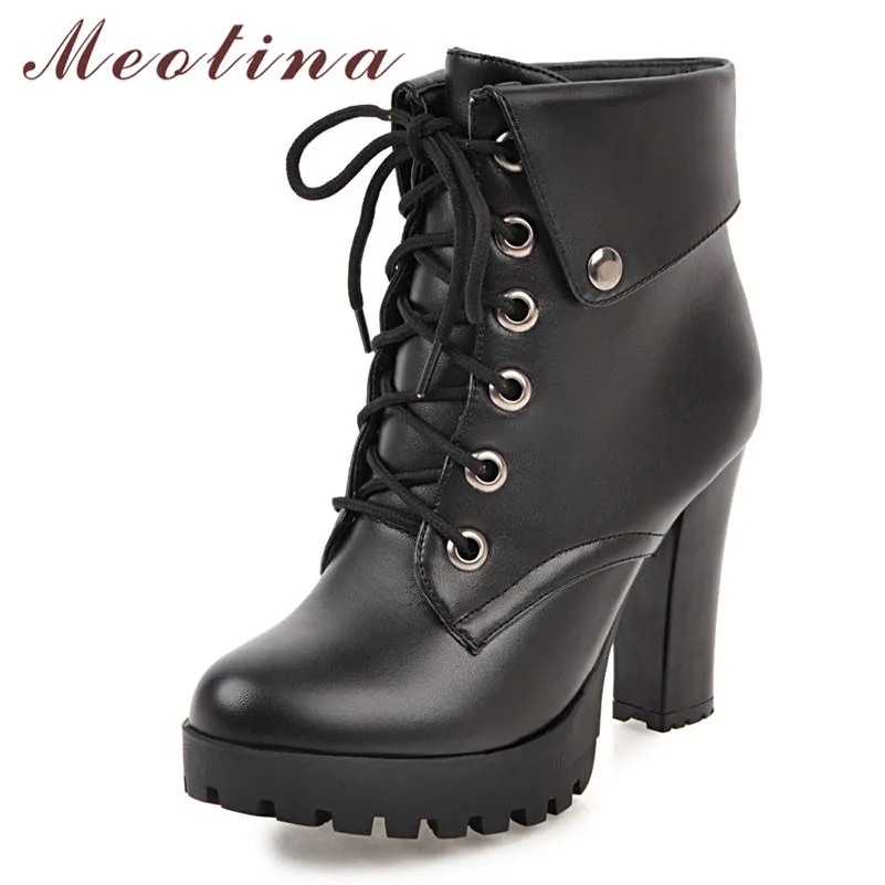 

Meotina Women Boots Winter Ankle Boots PU Leather Thick Heel Short Boots Lace Up Super High Heel Shoes Female New Big Size 34-43