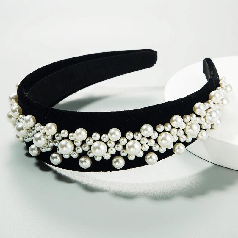 

2020 New Arrivals Korean and European Hair Accessories for Woman High Class Wide Side Gold Velvet Big and Small Pearl Hair Bands