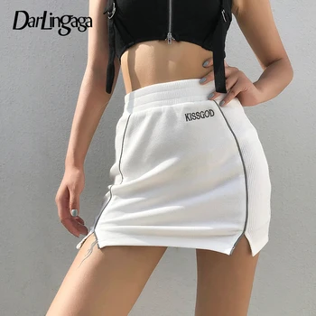 

Darlingaga Reflective Stripe Ribbed Bodycon High Waist Skirt Women Letter Printed Harajuku White Summer Skirt Mini Casual Bottom