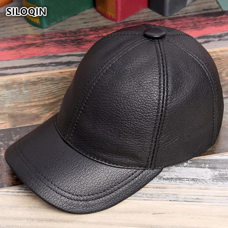 

SILOQIN Snapback Cap Genuine Leather Hats For Men Women fashion Baseball Caps Adjustable Size High Quality Sheepskin Tongue Cap