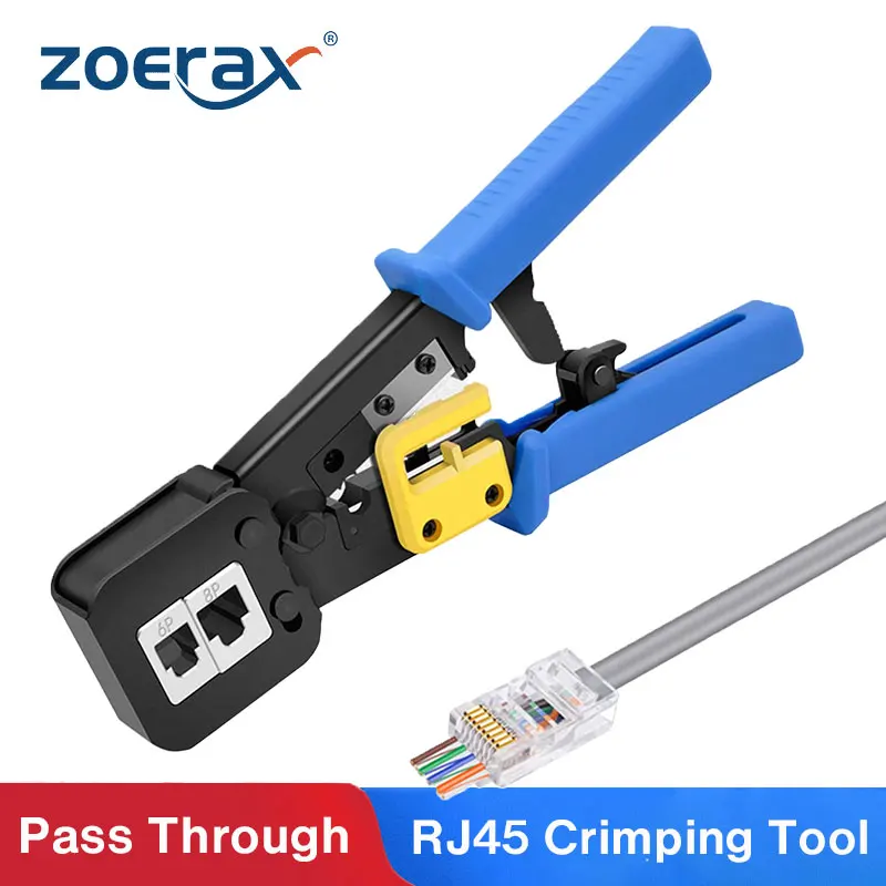 ZoeRax RJ45 Crimper for Pass-Through/EZ RJ11/RJ12/RJ45 connectors Cutter Stripper CAT5e/CAT6 Network Cable Wire Crimping Tool