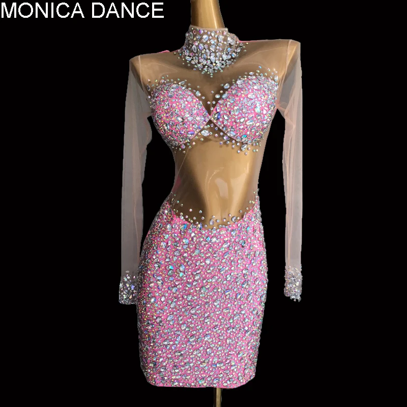 

Sexy Stage Sparkly AB Rhinestones Pink Blue Transparent Dress Women Birthday Celebrate See Through Stones Outfit Dancer Dress