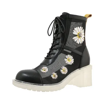 

Lace Up Genuine Leather Ladies Boots Platforms embroider mesh Thick high Heels Shoes For Women Fashion Party Shoes Woman