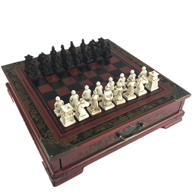 New Wood Chess set Chinese Retro Terracotta Warriors Chess Wood Do Old Carving Resin Chessman Christmas Birthday Premium Gift vikings odin warriors battleship tall beer mugs bar christmas gifts