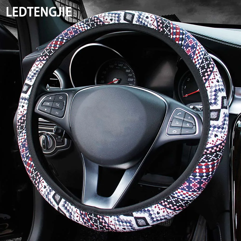 

QFHETJIE Color Car Steering Wheel Cover, Ethnic Linen Texture, No Inner Ring Elastic Band, Stylish and Beautiful