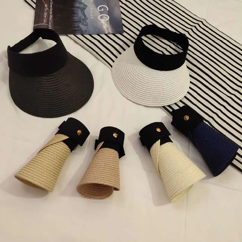 Summer Wear Woven Straw Hats Women Breathable Empty Top Casual Beach Visor Caps Wide Large Brim Hat Adjustable Foldable Sun Caps sun hat sun protection hat empty top hat