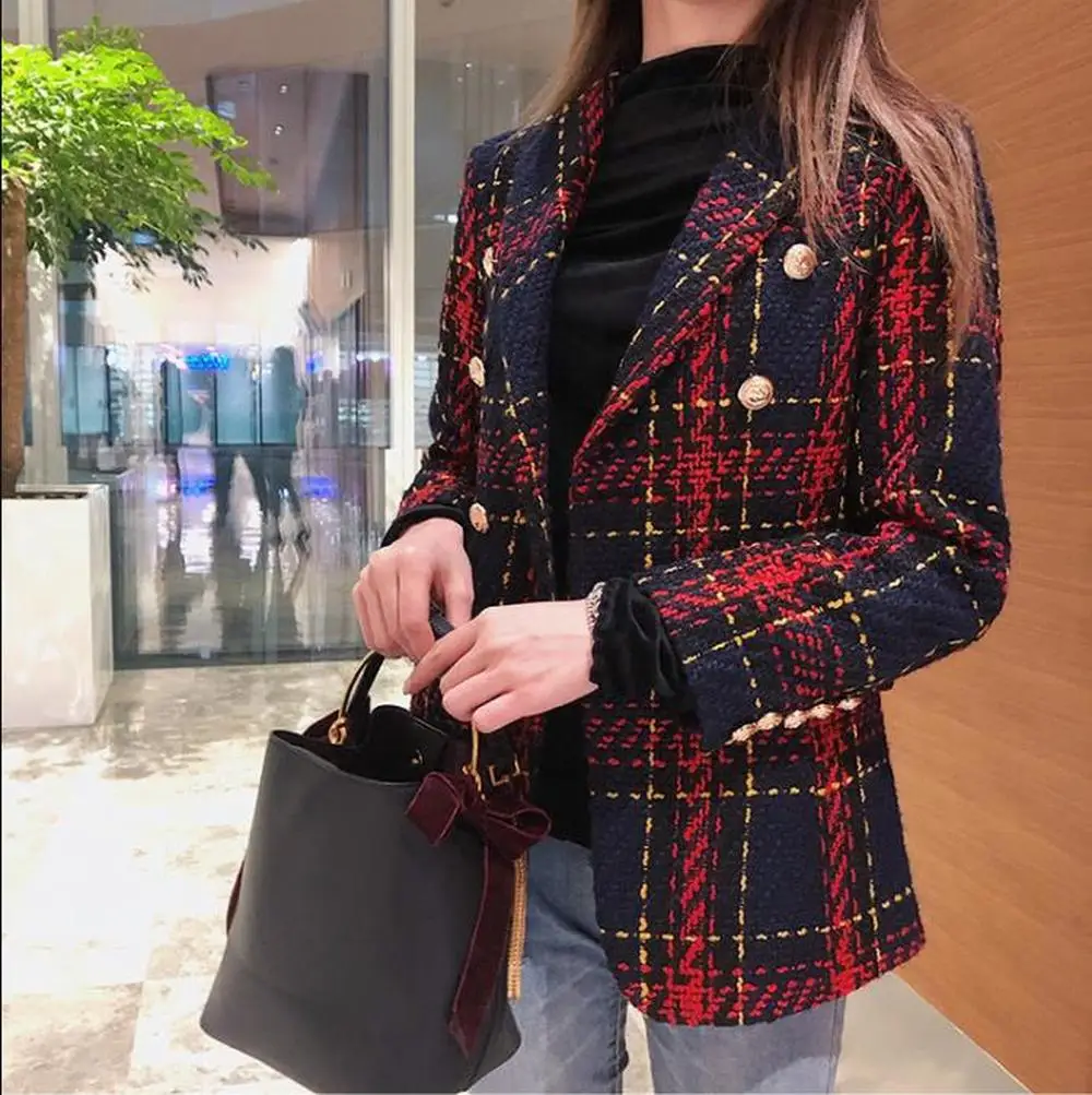High Quality women blazer Plus Size Office Long Sleeve Double-breasted gold Lion Buttons tweed Suit coat red plaid jacket