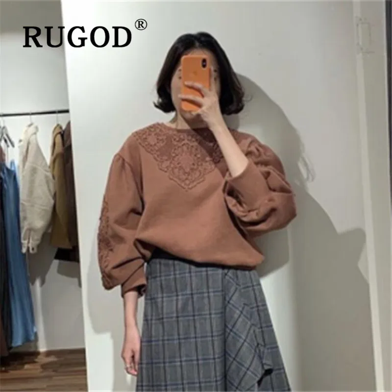 RUGOD, новинка, зимняя теплая Женская толстовка с круглым вырезом, кружевные свободные трикотажные пуловеры, корейский шик, модная женская элегантная винтажная Толстовка