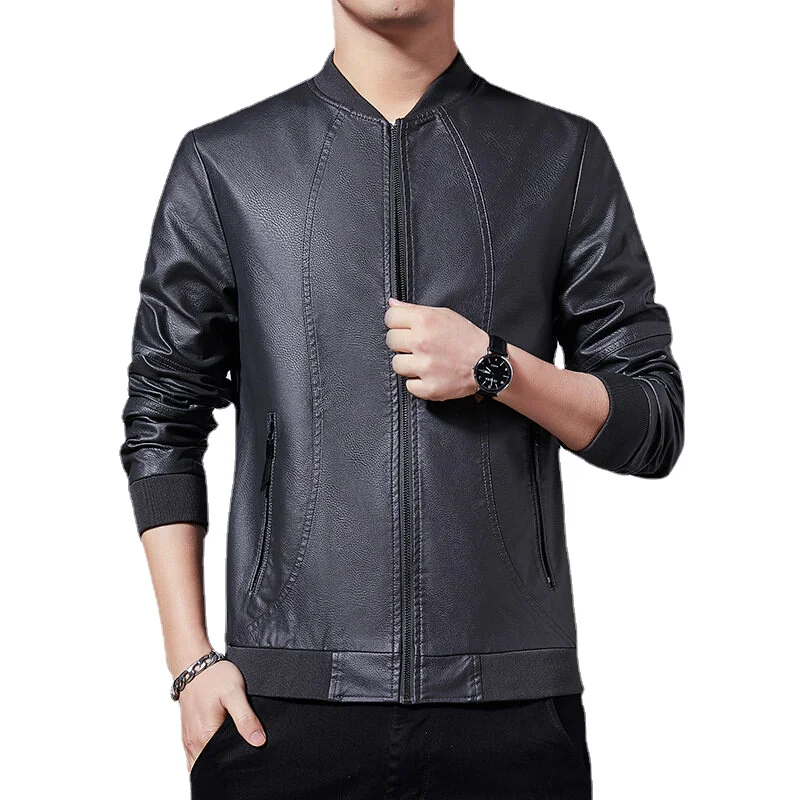 

HAWAIFISH New Solid Color Leather Jacket Simple Autumn Motorcycle Zipper Jacket Stand-up Collar Jacket Casual Men's Jacket 2021
