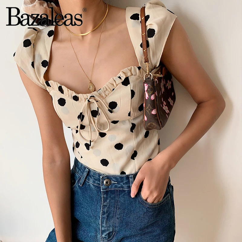 Bazaleas Винтаж короткий рукав Blusa Feminina сексуальная открытая спина женский Печатный принт блузка Центр Лук Обрезанные blusas Прямая