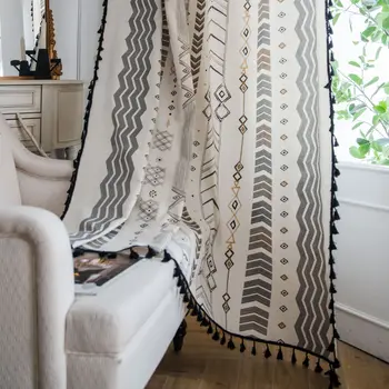 

Bohemia Geometry Curtain Black Tassel Window Kitchen Curtain ins Cotton and Linen Semi-blackout Curtains