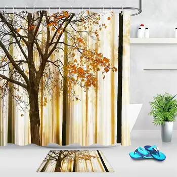 

Autumn Forest Scenery Shower Curtain Tree Leaves Abstract Woodland Waterproof Fabric Bath Curtain Bathroom Decor with Hooks