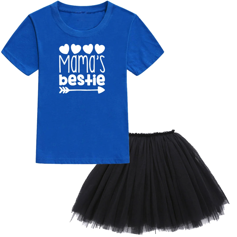 Футболки с принтом Mama's Bestie, 8 цветов, топы+ черная юбка-пачка в сеточку, модные комплекты из 2 предметов для девочек, одежда с коротким рукавом для маленьких девочек - Цвет: 41T9-KQTBUBK-