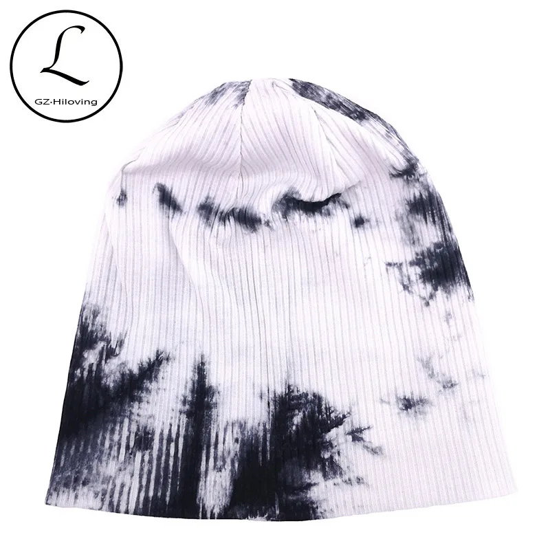 

GZHILOVINGL Women Cotton Black Tie Dye Slouch Beanie Hats 2019 Autumn Winter Knitted Skuilles Bonnet For Ladies Women baggy Hats
