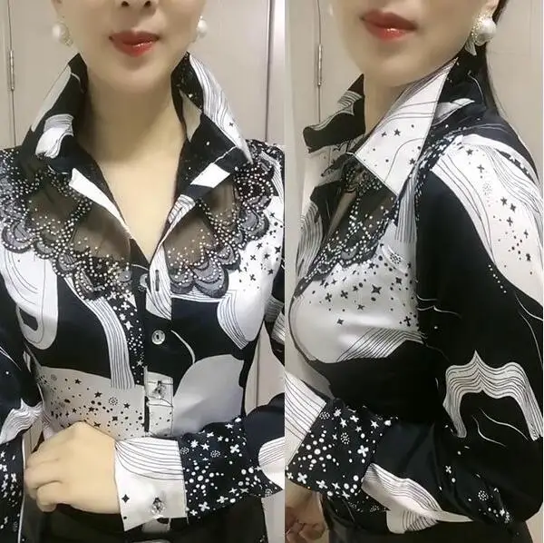 Long-sleeved Female Bottoming Shirts Women's Spring Autumn Foreign style Lace Stitching Ladies chiffon Shirt ins floral Top Coat - Image 2