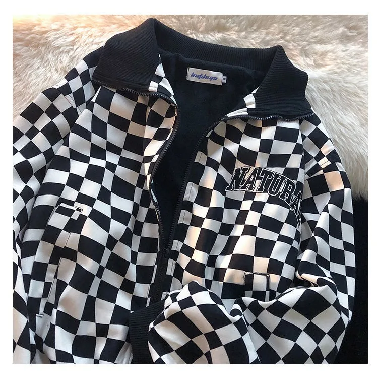 

2022 Retro Hiphop High Street Checkerboard Lattice Baseball Sportswear Plus Velvet Thick Ins Jacket Cardigan