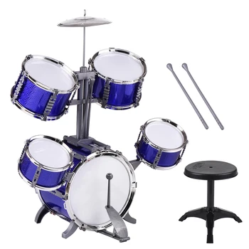 

Children Jazz Drum Toy Playset 5 Piece Drums with Cymbal Drumsticks Adjustable Stool Single Beater for Kids Christmas Gifts NEW