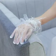 Женские свадебные сетчатые перчатки с блестками и звездами, искусственный жемчуг, бисер, перо, полный палец, Короткие наручные рукавицы, праздничный костюм