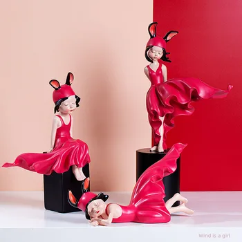 

Art Resin Red Girl Decoration Cute Rabbit Woman Sculpture Crafts Office Bedroom Display Home Decorations Wedding Birthday Gifts